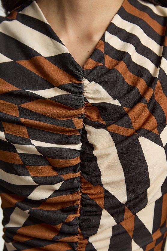 Karen Millen Geo Printed Jersey Crepe Hanky Hem Maxi Dress Rust