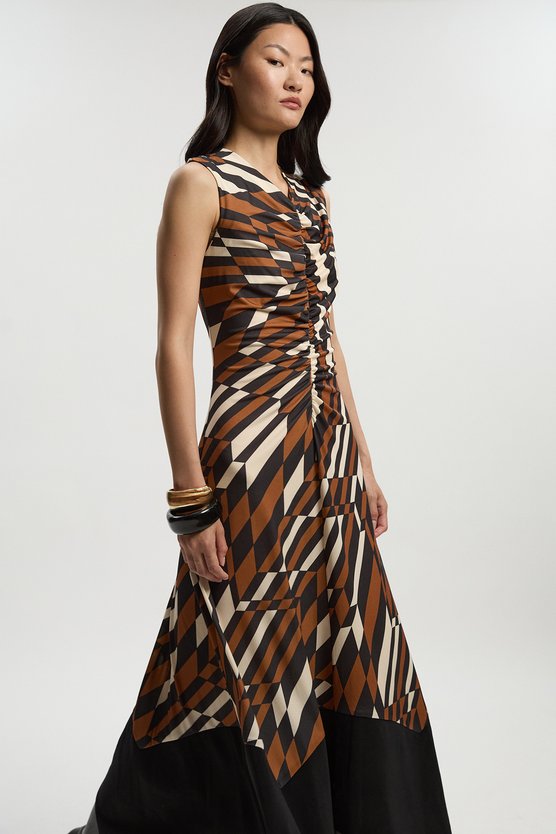 karen millen Geo Printed Jersey Crepe Hanky Hem Maxi Dress rust