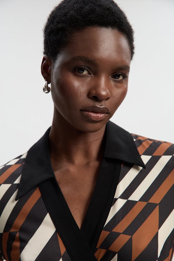 Karen Millen Geo Printed Jersey Crepe Tie Waist Midi Dress Rust