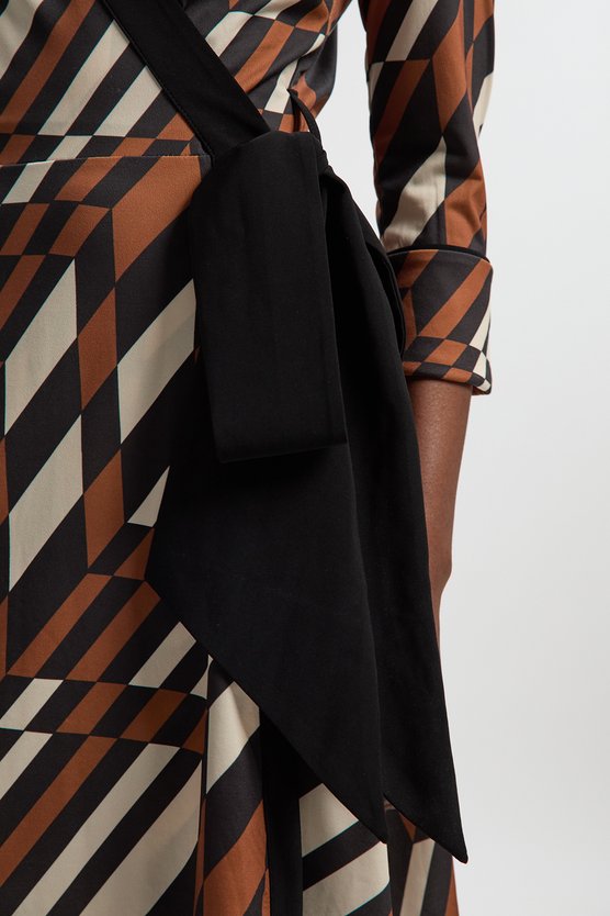 Karen Millen Geo Printed Jersey Crepe Tie Waist Midi Dress Rust