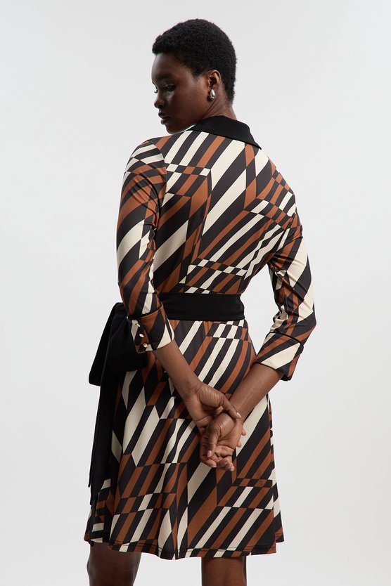 Karen Millen Geo Printed Jersey Crepe Tie Waist Midi Dress Rust