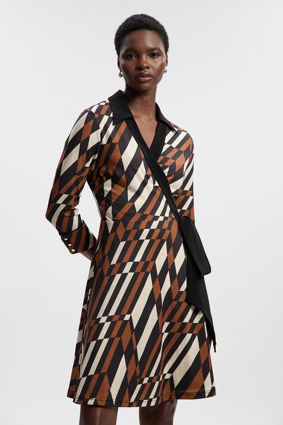 karen millen Geo Printed Jersey Crepe Tie Waist Midi Dress rust