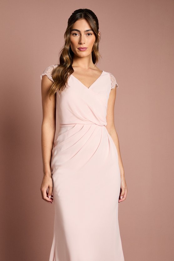 Karen Millen Georgette And Lace Detail Wrap Effect Maxi Bridesmaid Dress Blush