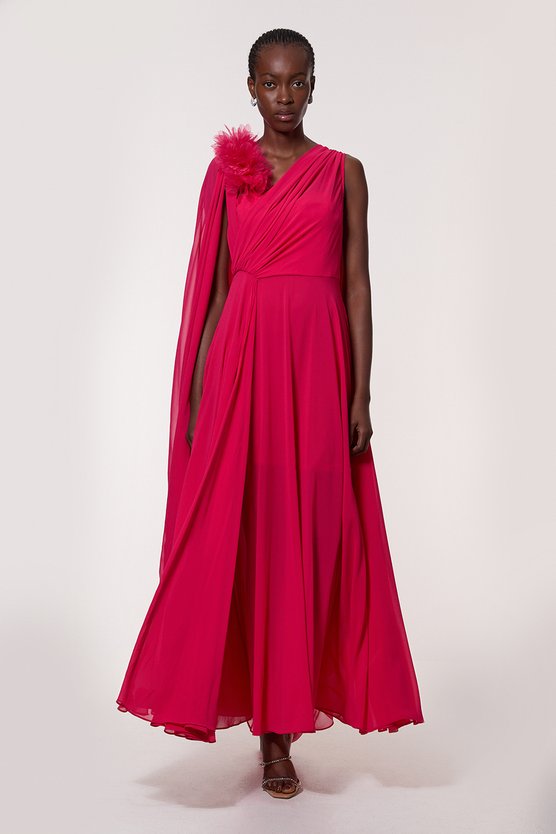 Karen Millen Georgette Pleated Bustier Cape Back Woven Maxi Dress Fuchsia