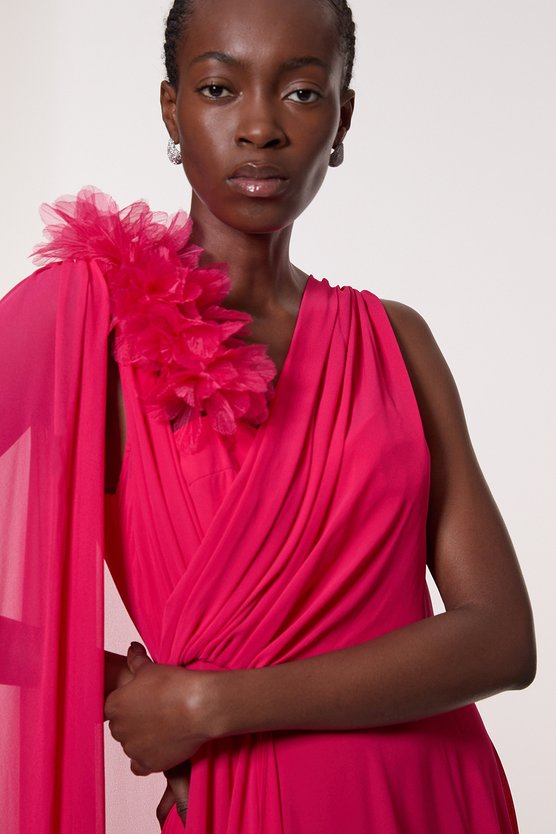 Karen Millen Georgette Pleated Bustier Cape Back Woven Maxi Dress Fuchsia