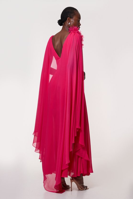 Karen Millen Georgette Pleated Bustier Cape Back Woven Maxi Dress Fuchsia