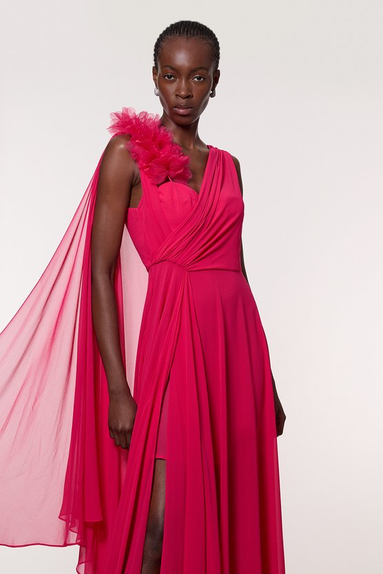 karen millen Georgette Pleated Bustier Cape Back Woven Maxi Dress fuchsia