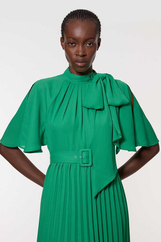 Karen Millen Georgette Pleated Tie Neck Woven Midi Dress Green