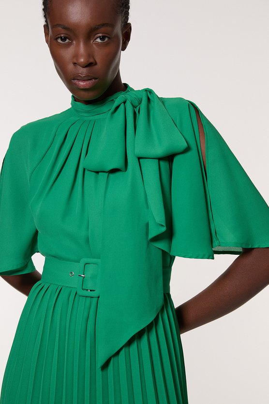 Karen Millen Georgette Pleated Tie Neck Woven Midi Dress Green