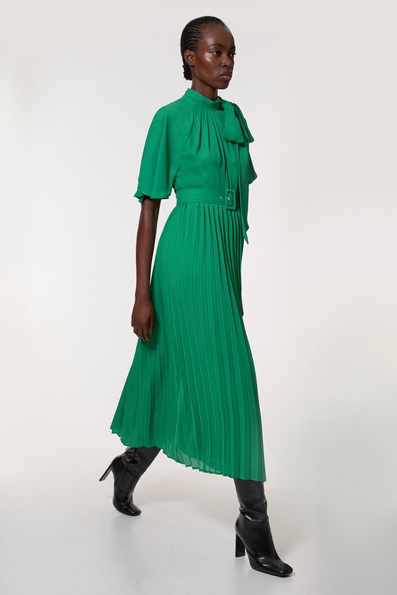 Karen Millen Georgette Pleated Tie Neck Woven Midi Dress Green