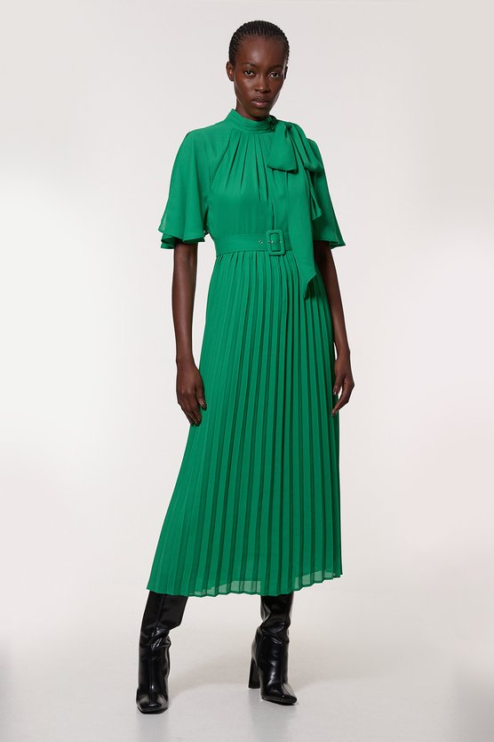 karen millen Georgette Pleated Tie Neck Woven Midi Dress green