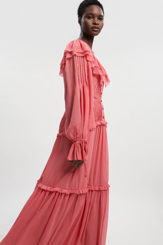 Karen Millen Georgette Ruffle Woven Maxi Dress Coral