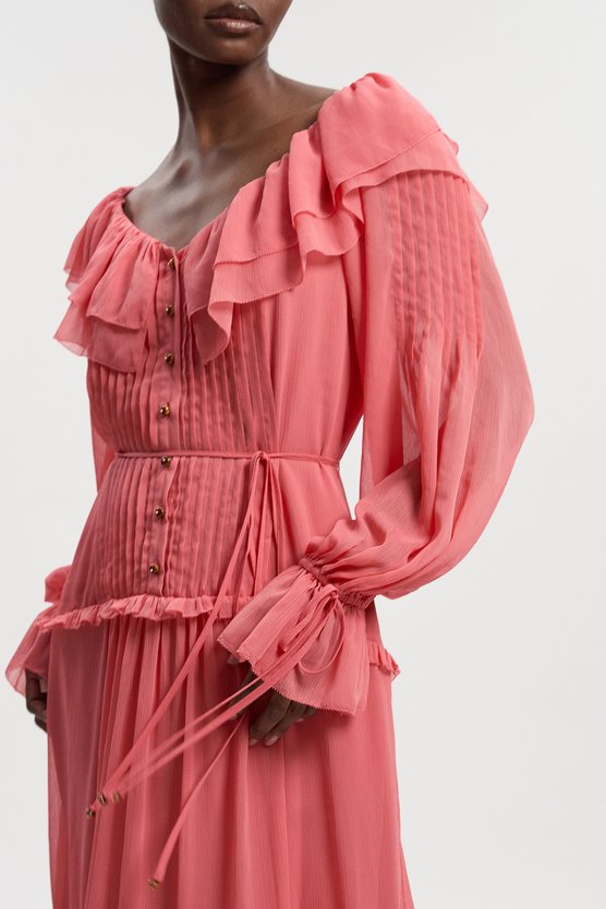 Karen Millen Georgette Ruffle Woven Maxi Dress Coral