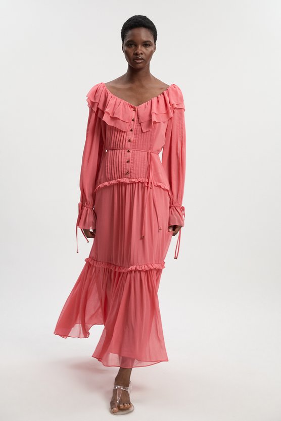 karen millen Georgette Ruffle Woven Maxi Dress coral