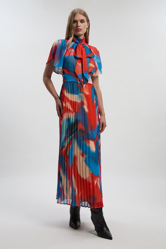 Karen Millen Georgette Tie Neck Blur Print Woven Midi Dress Multi