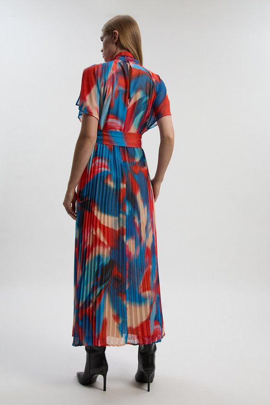 Karen Millen Georgette Tie Neck Blur Print Woven Midi Dress Multi