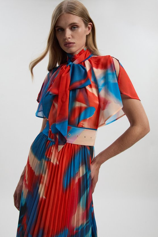 karen millen Georgette Tie Neck Blur Print Woven Midi Dress multi