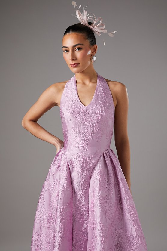 Karen Millen Halter Jacquard Drop Princess Waist Dress Lilac