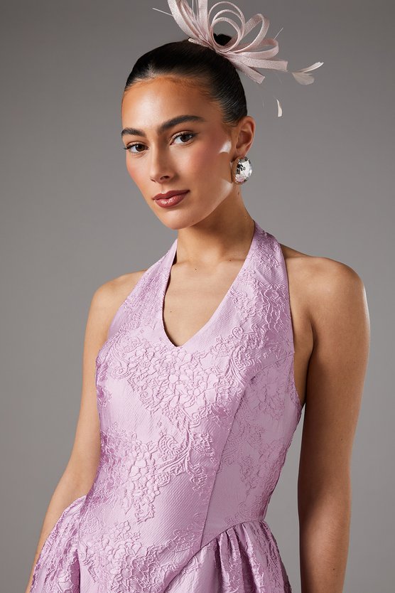 Karen Millen Halter Jacquard Drop Princess Waist Dress Lilac