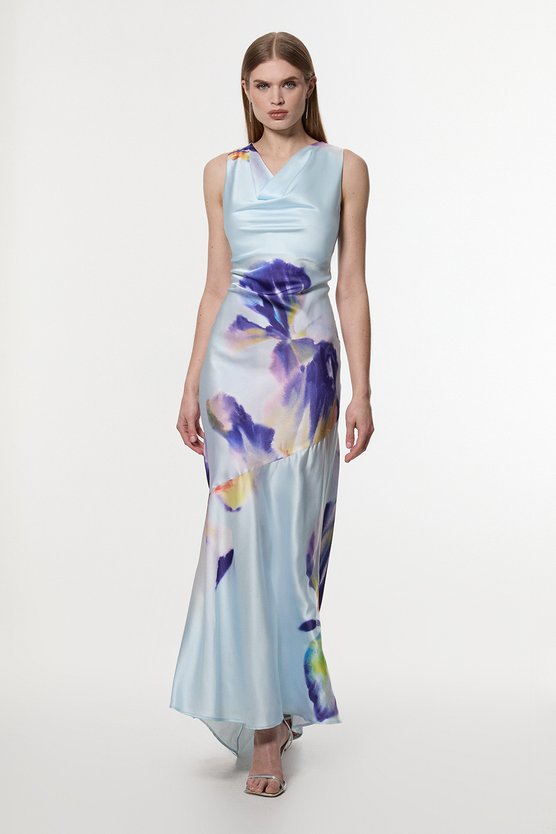 Karen Millen Hammered Satin Cowl Neck Woven Maxi Dress Floral