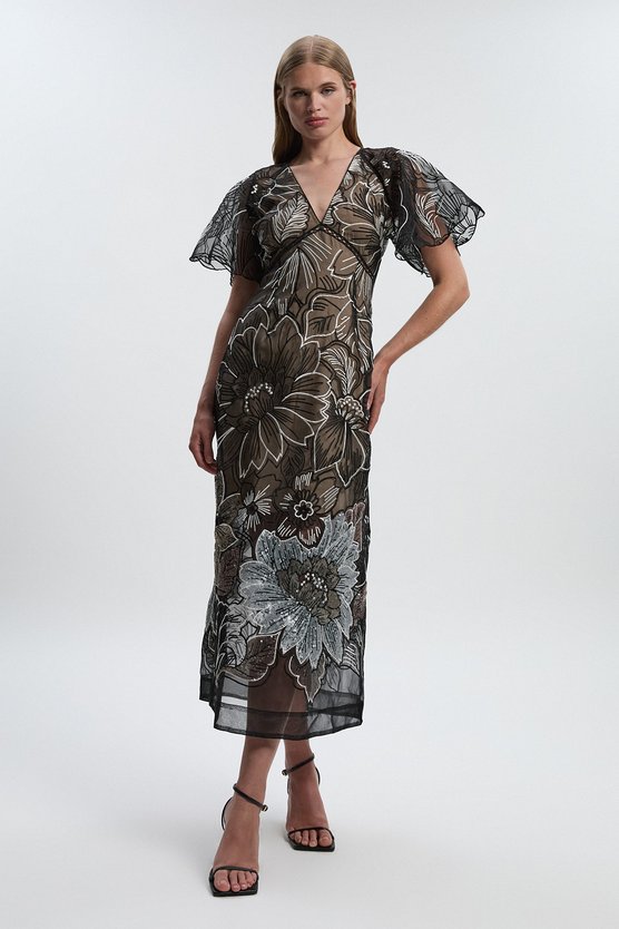 Karen Millen Hand Embroidered And Sequin Organdie Deep V Woven Maxi Dress Mono