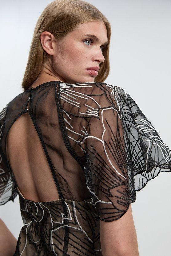 Karen Millen Hand Embroidered And Sequin Organdie Deep V Woven Maxi Dress Mono