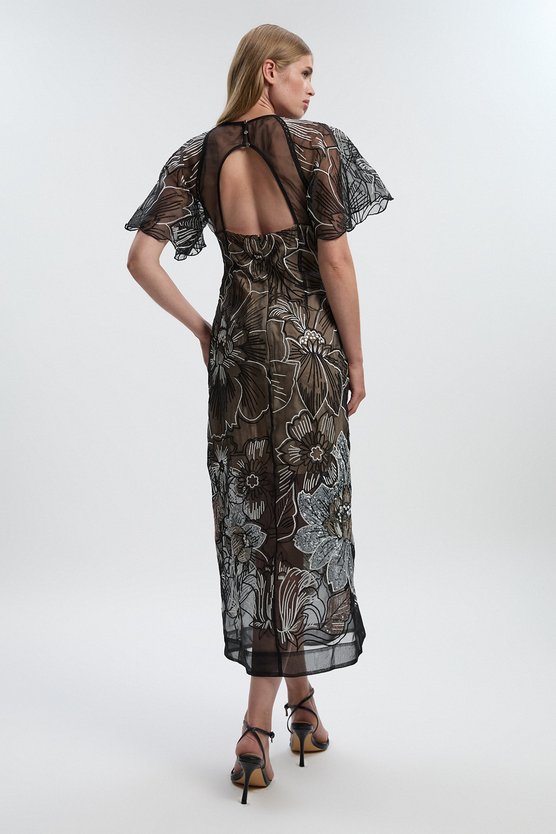 Karen Millen Hand Embroidered And Sequin Organdie Deep V Woven Maxi Dress Mono