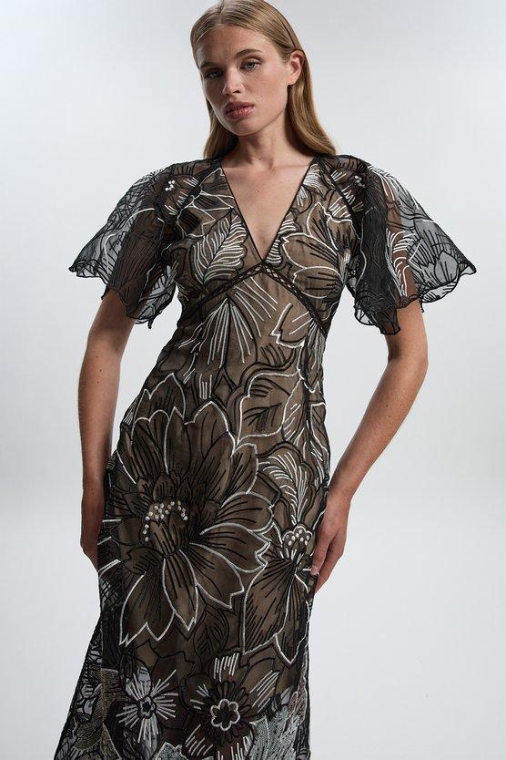 karen millen Hand Embroidered And Sequin Organdie Deep V Woven Maxi Dress mono