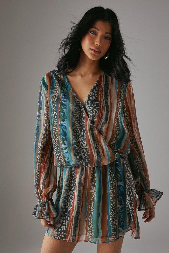 Karen Millen HCD Chiffon Wrap Drop Waist Mini Dress Multi