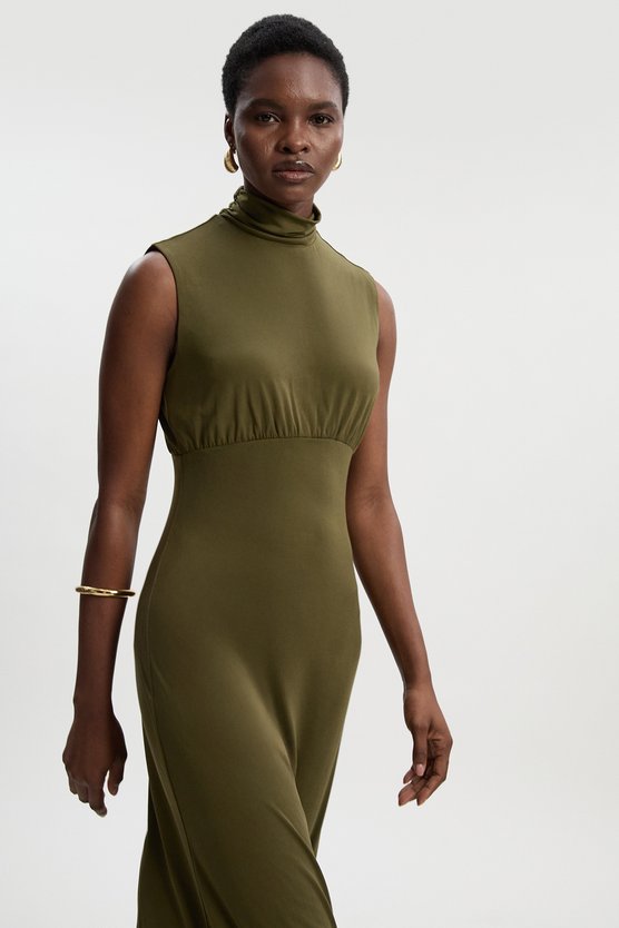 Karen Millen High Neck Jersey Crepe Maxi Dress Khaki
