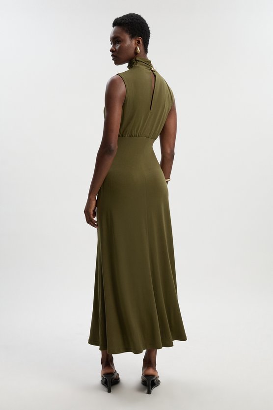 Karen Millen High Neck Jersey Crepe Maxi Dress Khaki