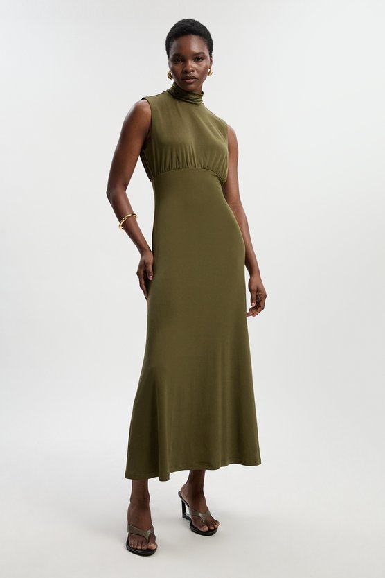 karen millen High Neck Jersey Crepe Maxi Dress khaki