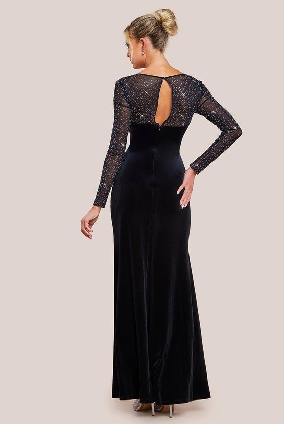 Karen Millen Hotfix Diamante Sleeve Front Split Velvet Maxi Dress Black