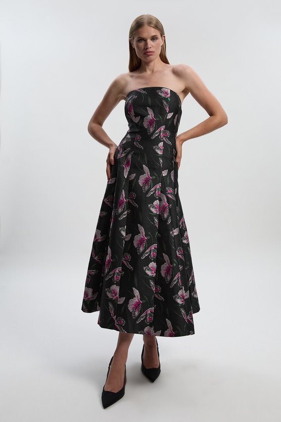 Karen Millen Jacquard Bandeau Full Skirted Midi Dress Black