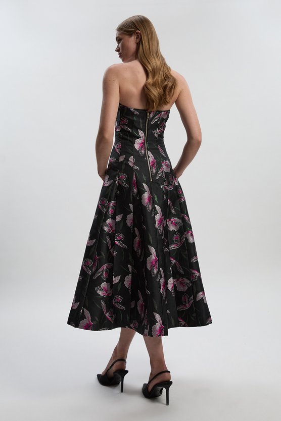 Karen Millen Jacquard Bandeau Full Skirted Midi Dress Black