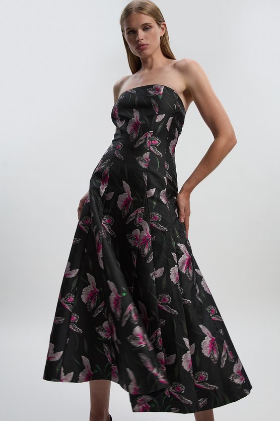 karen millen Jacquard Bandeau Full Skirted Midi Dress black karen millen Jacquard Bandeau Full Skirted Midi Dress black