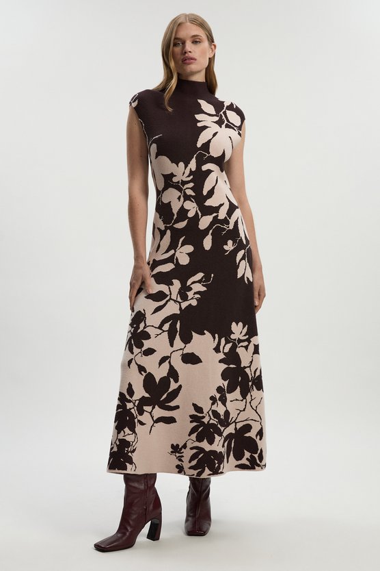 Karen Millen Jacquard Floral Knitted Maxi Dress Brown