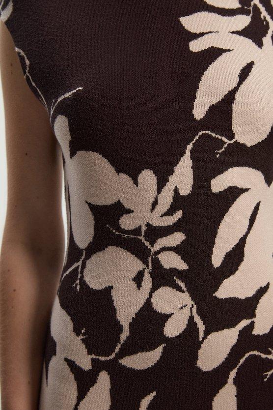 Karen Millen Jacquard Floral Knitted Maxi Dress Brown