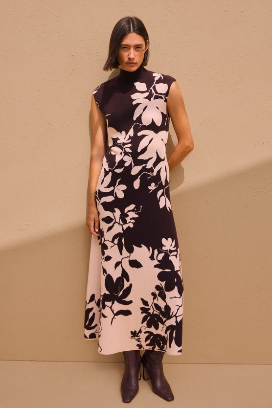 karen millen Jacquard Floral Knitted Maxi Dress brown karen millen Jacquard Floral Knitted Maxi Dress brown