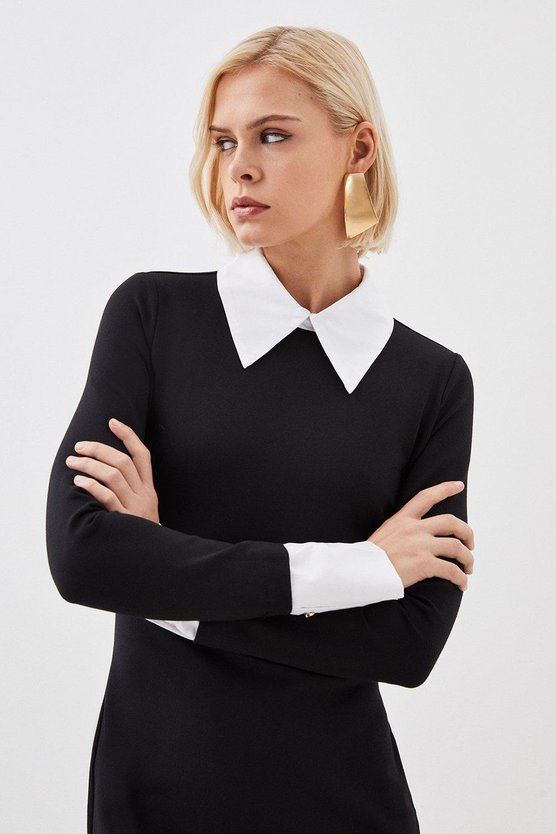 Karen Millen Jersey Cotton Poplin Midi Collar Dress Mono