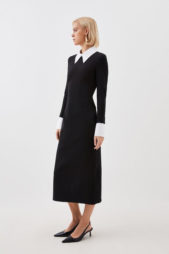 Karen Millen Jersey Cotton Poplin Midi Collar Dress Mono