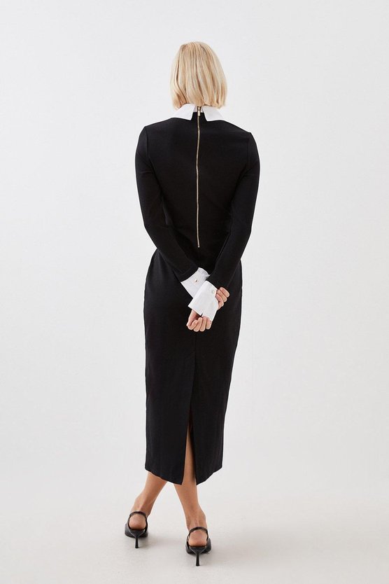 Karen Millen Jersey Cotton Poplin Midi Collar Dress Mono