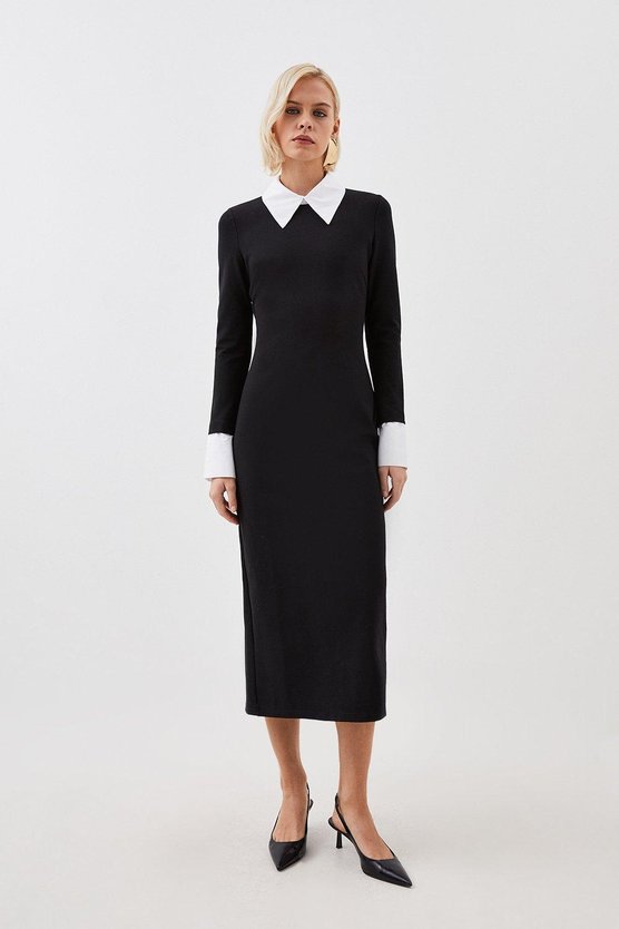 karen millen Jersey Cotton Poplin Midi Collar Dress mono