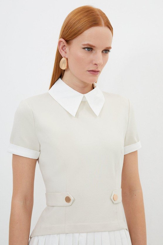 Karen Millen Jersey Cotton Poplin Pleated Mini Dress Stone