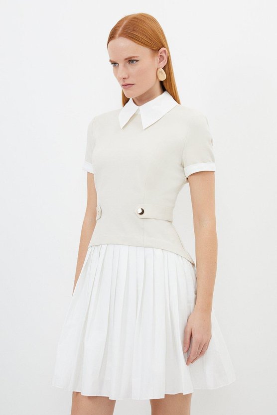 Karen Millen Jersey Cotton Poplin Pleated Mini Dress Stone