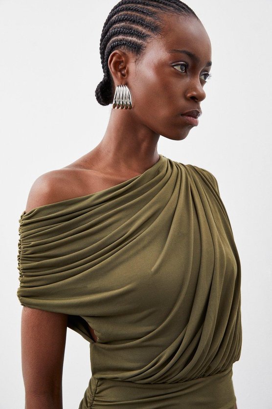 Karen Millen Jersey Crepe Asymmetric Neckline Maxi Dress Khaki