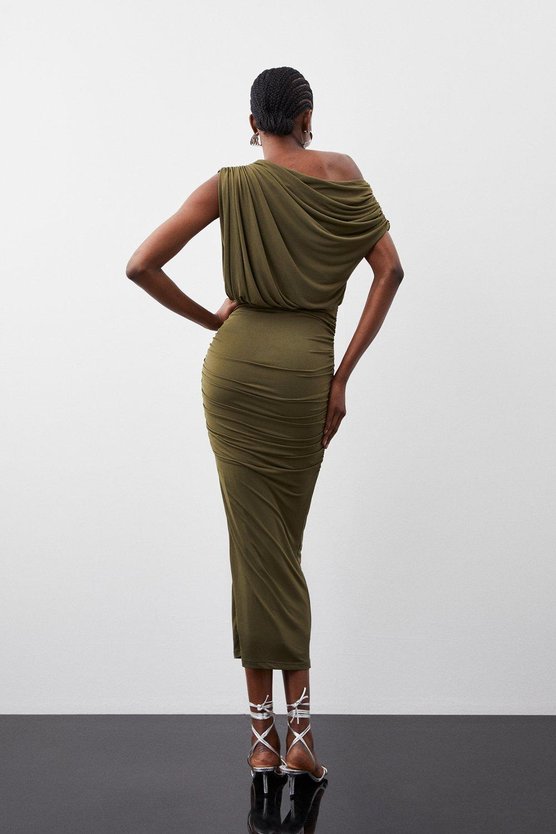 Karen Millen Jersey Crepe Asymmetric Neckline Maxi Dress Khaki