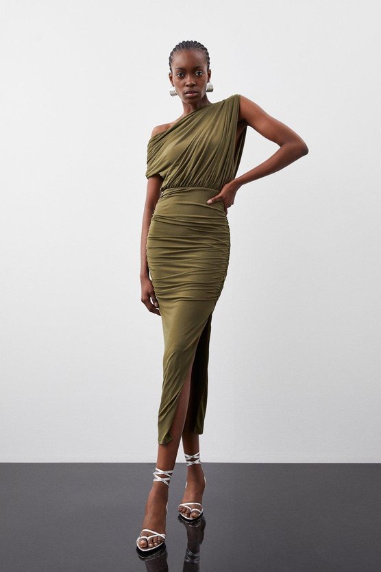 karen millen Jersey Crepe Asymmetric Neckline Maxi Dress khaki