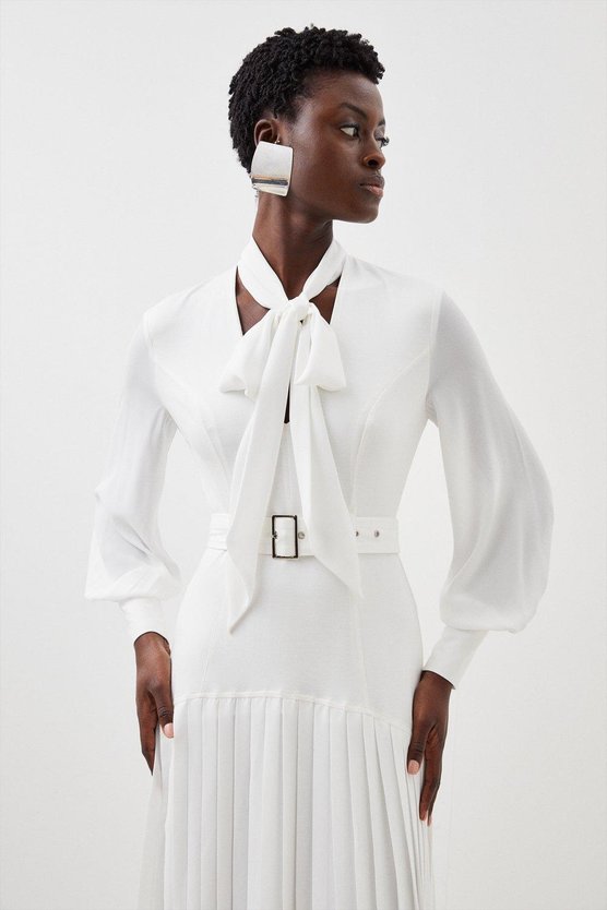 Karen Millen Jersey Ponte Georgette Mix Midi Dress Ivory