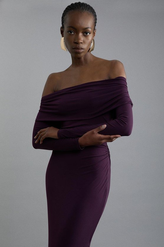 Karen Millen Bardot Drapey Midi Dress Coral